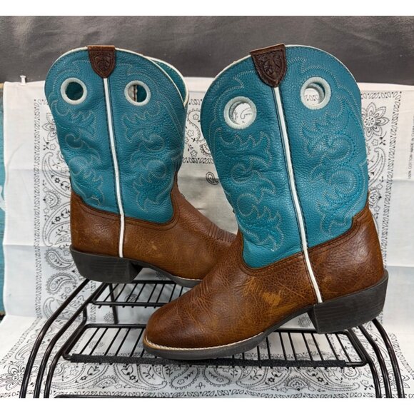 Ariat Crossfire Unisex Youth Size 2.5 Teal Blue Brown Cowboy Boots 10005989 - Picture 2 of 10